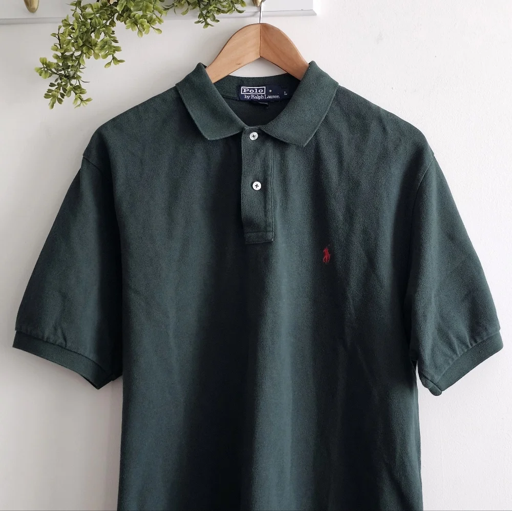 Vintage 90s Polo Ralph Lauren Forest Green Polo Shirt Red Pony Size L Cotton